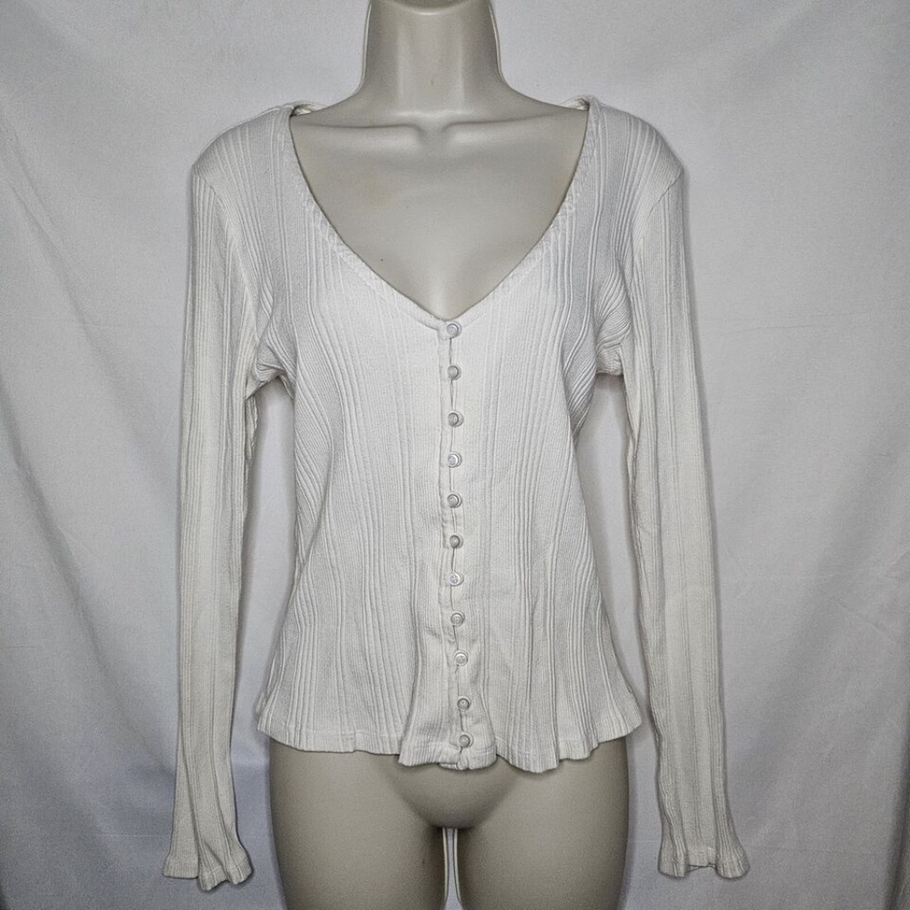 Womens by Anthropologie Cream V Neck Ribbed Long Sleeve Button Up Shirt Size L